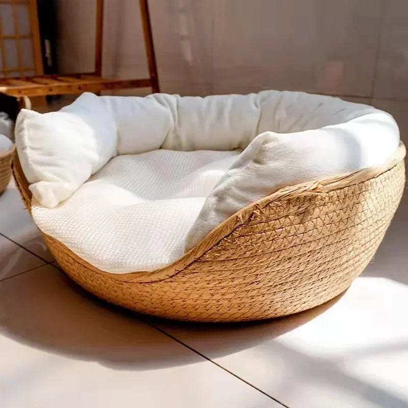 Pleciony Kosz Boho dla Zwierząt – Zdejmowana Poduszka