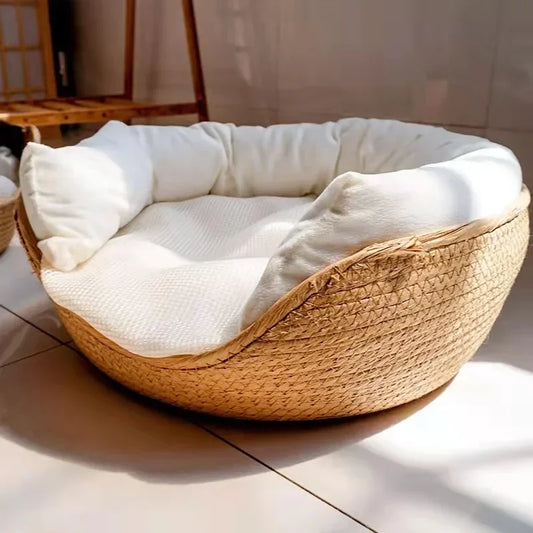 Pleciony Kosz Boho dla Zwierząt – Zdejmowana Poduszka
